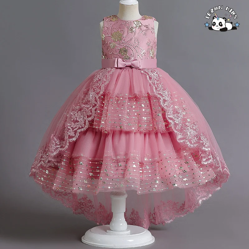 LEZONKIDS - 2023 New Girls' Party Dress Embroidered Beaded Sequins Flowers Trailing Poncho Skirt Spot Wholesale